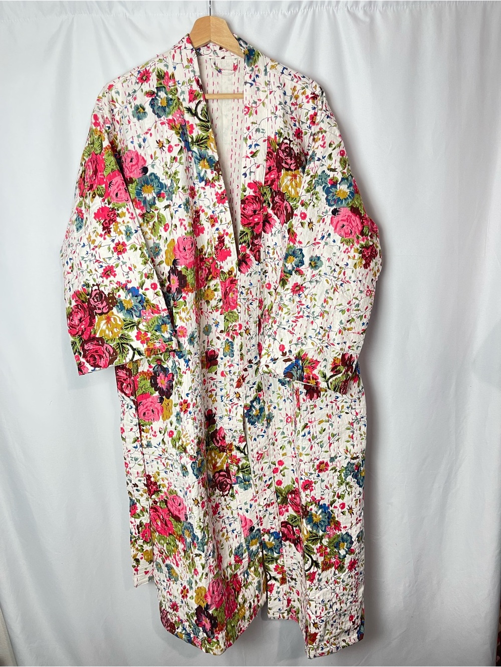 Ivory Multicolor Floral Kantha Robe Cotton Kimono Boho One Size belted